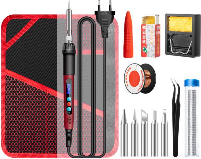 Mini kit saldatore elettrico da 13 pezzi, display digitale LCD, temperatura regolabile da 180℃ a 500℃, 60W, pinze e filo...