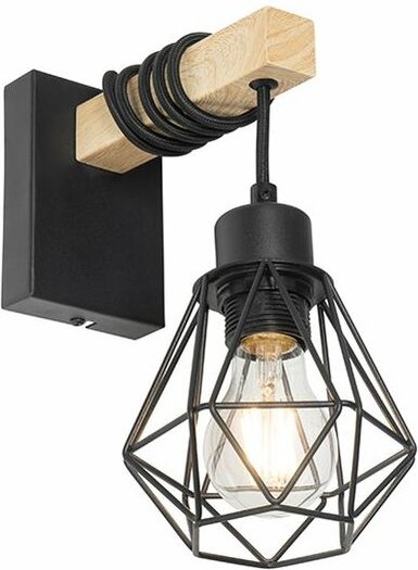 Ländliche Wandlampe schwarz mit Holz - Chon