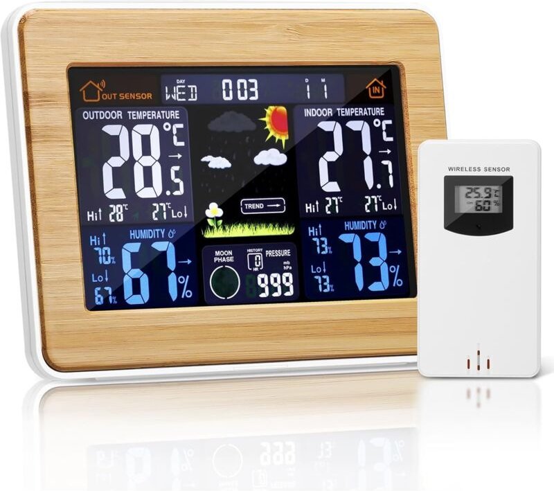 Drahtlose digitale Wetterstation mit Außensensor – mit Uhrzeit, Datum, Temperatur, Luftfeuchtigkeit, Barometer, Alarm, M...