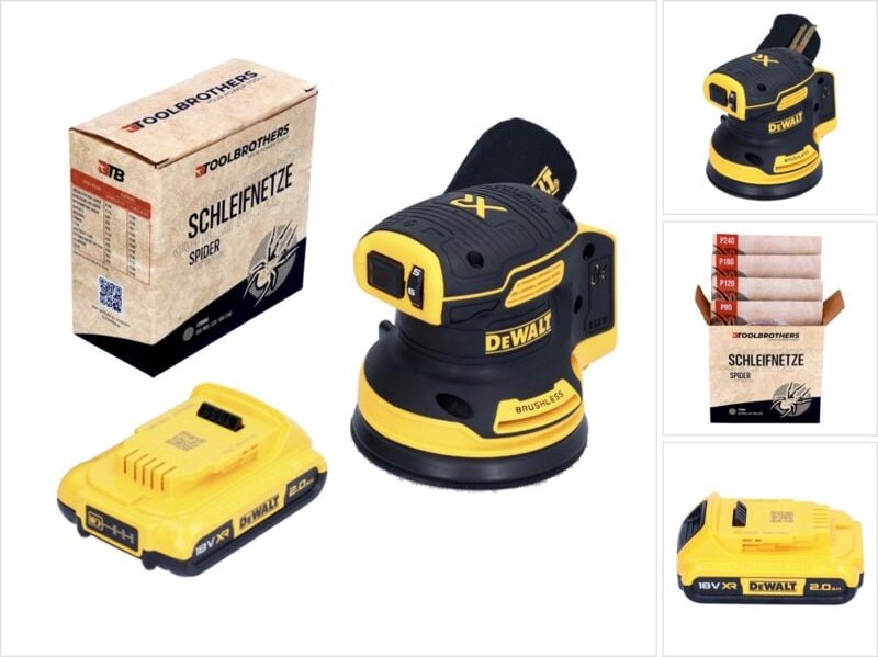 DeWalt DCW 210 N Akku Exzenterschleifer 18 V 125 mm Brushless + 1x Akku 2,0 Ah + 1x Toolbrothers SPIDER Schleifnetz Set ...