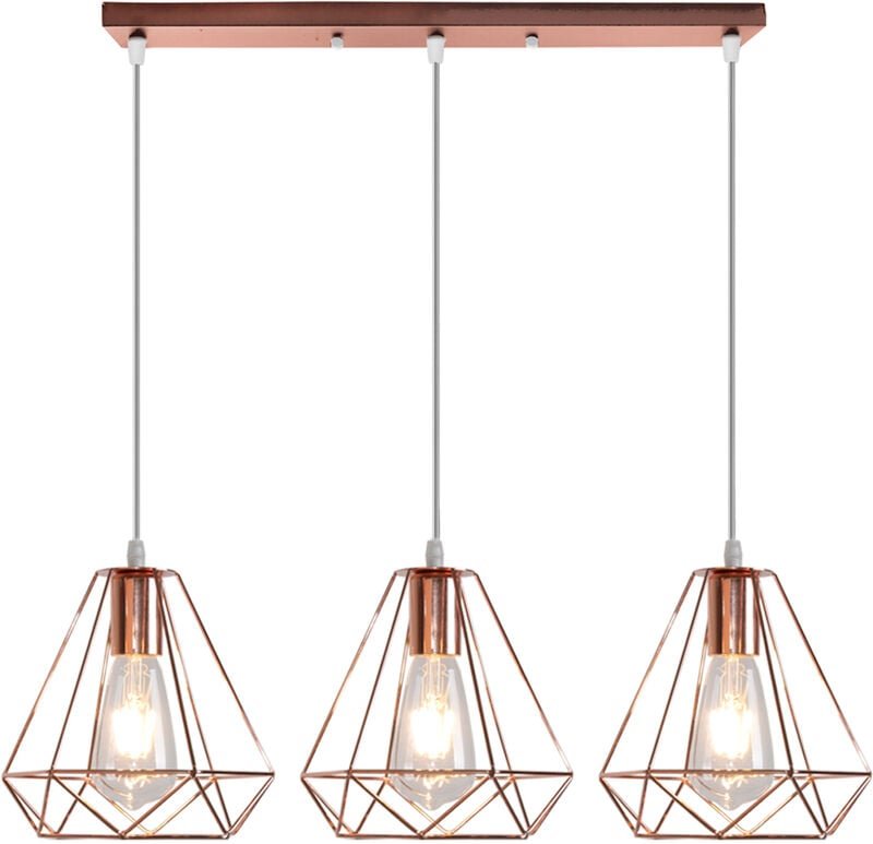 Vintage Metall 20cm Pendelleuchte, Lüster in Rautenform, 3-flammige E27 Lüster + Rechteckige Stütze für Küche Wohnzimmer...