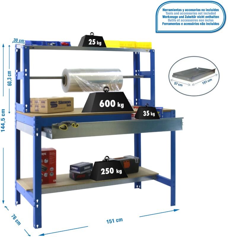 Simonrack Halbprofessioneller Arbeitstisch Blau Robustes Holz 1445x1510x760 mm