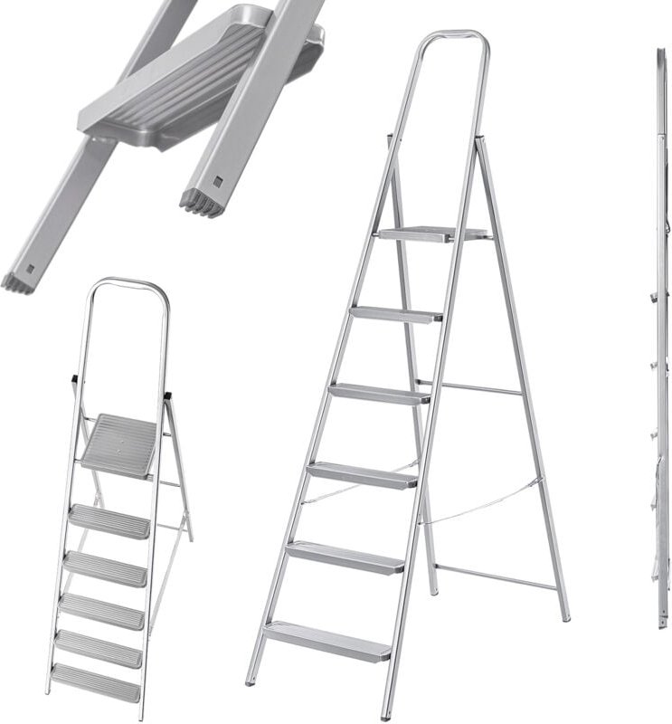 Einseitige Stahlleiter mit Antirutsch-Füßen, Leiter mit Ablage, 6 Stufen - Kadax