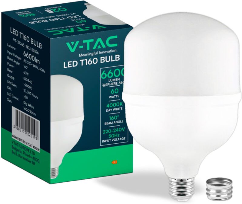 Thumbnail - V-tac - E27 LED-Lampe, inkl. Ring mit E40-Sockel, 60 w, T160, Naturweiß