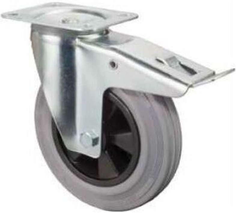 Bs Rollen - Transportrolle, Lenkrolle mit Totalfeststeller, Rad-Ø 80 mm, Tragf. 50 kg, Gummi grau, Bauhöhe 106 mm, Rolle...