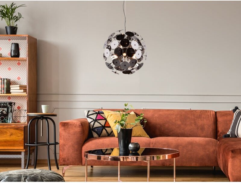 Ausgefallene Pendelleuchte DISCALGO mit Glas Lampenschirm Chrom bedampft, Ø 54cm