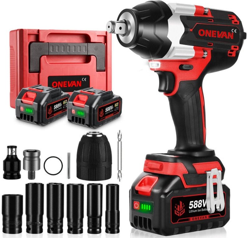 Onevan - Bürstenloser Akku Schlagschrauber 1800 Nm,1/2' Schlagschrauber,3-Gang-Einstellung für LKWs - mit 2 Akku + 12 Zu...