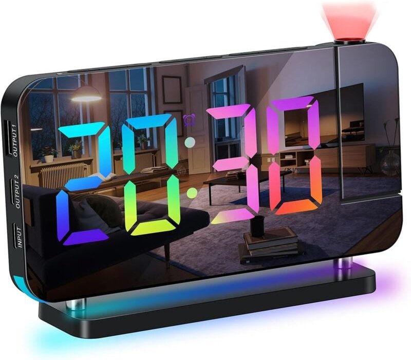 ThreeH Regenbogen-Wecker, digitaler Projektionswecker, großes LED-Display, Spiegel, buntes Nachtlicht, zwei USB-Ladeansc...