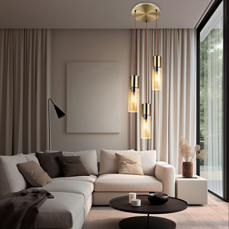 Thumbnail - Led Pendelleuchte 3 flammig Decken Hängelampe Metall Glas Pendellampe Hängeleuchte, Metall Messing Glas amberfarben, 3x ...