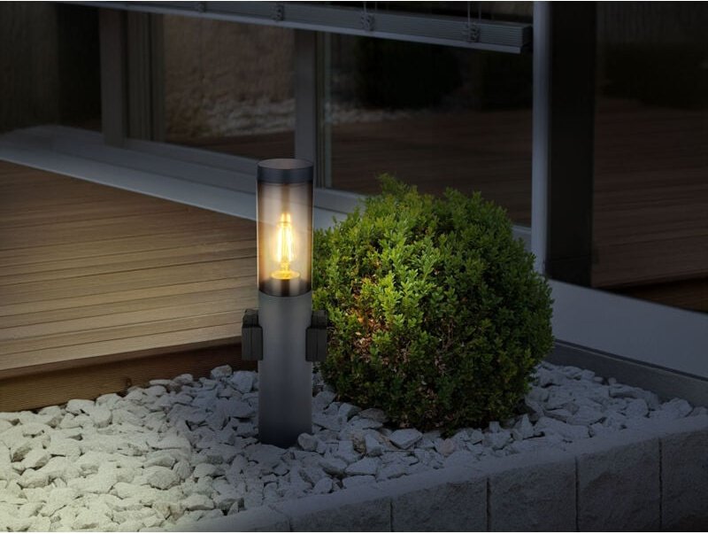 Meinewunschleuchte - led Sockelleuchte aus Edelstahl in Anthrazit mit zwei Steckdosen, Höhe 45cm