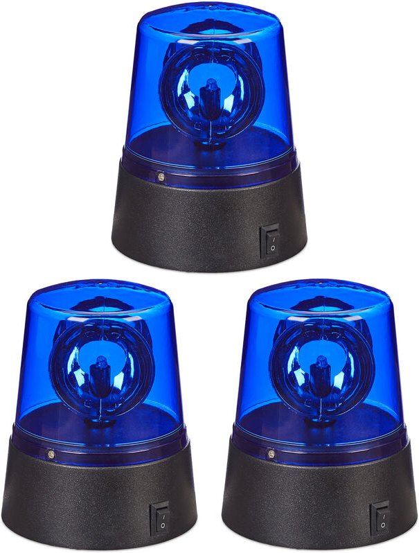 Relaxdays LED Blaulicht, 3er Set, Rundumleuchte mit drehendem Reflektor, Partylicht, Geburtstag, batteriebetrieben, blau