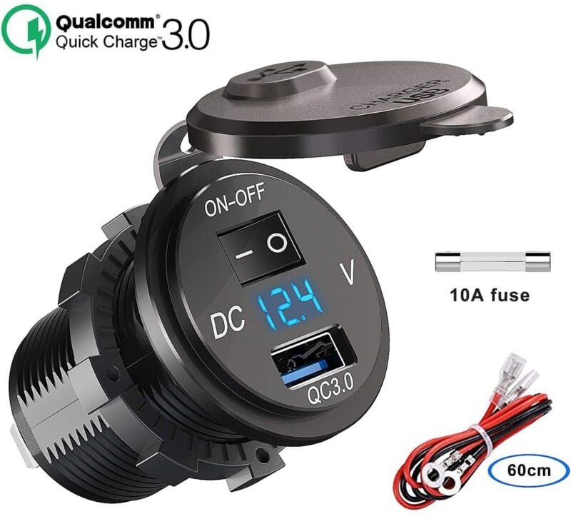 12V/24V USB-Ladebuchse, Quick Charge 3.0 Autoladegerät Inline-Buchse Wasserdichter Adapter mit Schalter LED-Voltmeter Sp...