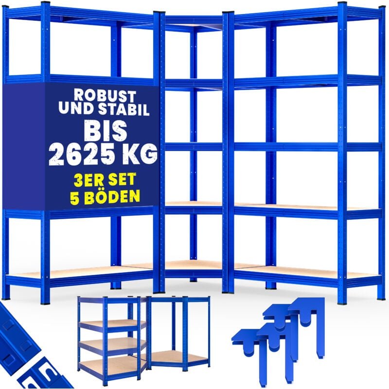 3er Set Schwerlastregal Eckregal 2625 kg 15 MDF-Platten Regal Lagerregal Kellerregal Steckregal Werkstattregal Blau - Mo...
