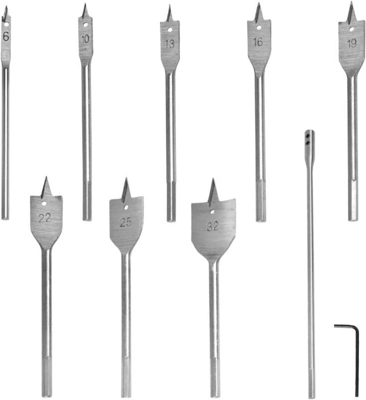 Set mit 8 flachen Holzbohrern aus Kohlenstoffstahl, flaches Holzbohrer-Set mit Verlängerung und Schraubenschlüssel