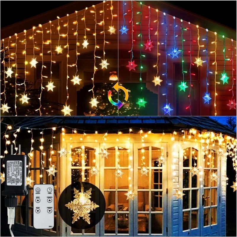 Lichterketten für den Außenbereich, bunte LED-Lichtervorhänge in Schneeflockenform, Weihnachtsbeleuchtung, 9 m, 360 LEDs...