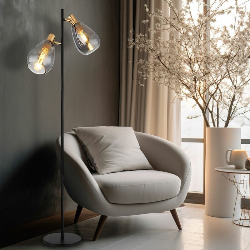 Stehleuchte Stehlampe Rauchglas Wohnzimmer Glas Retro Standleuchte schwarz, Metall messing, 2x E27 Fassungen, LxBxH 34x2...