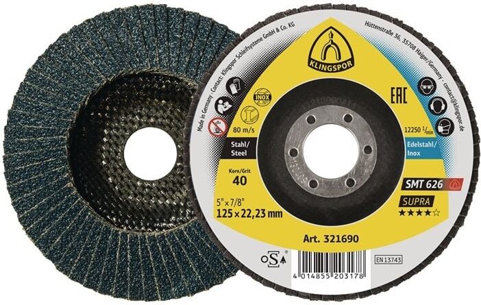 Klingspor - 321690 Fächerscheibe smt 626 Supra ø 125 mm Körnung 40 6° konisch inox