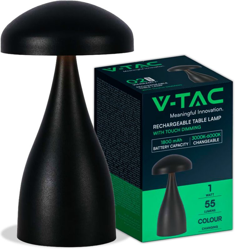 V-tac - 1W 800mAh wiederaufladbare LED-Tischlampe, schwarzes Metall, Touch cct 3-in-1