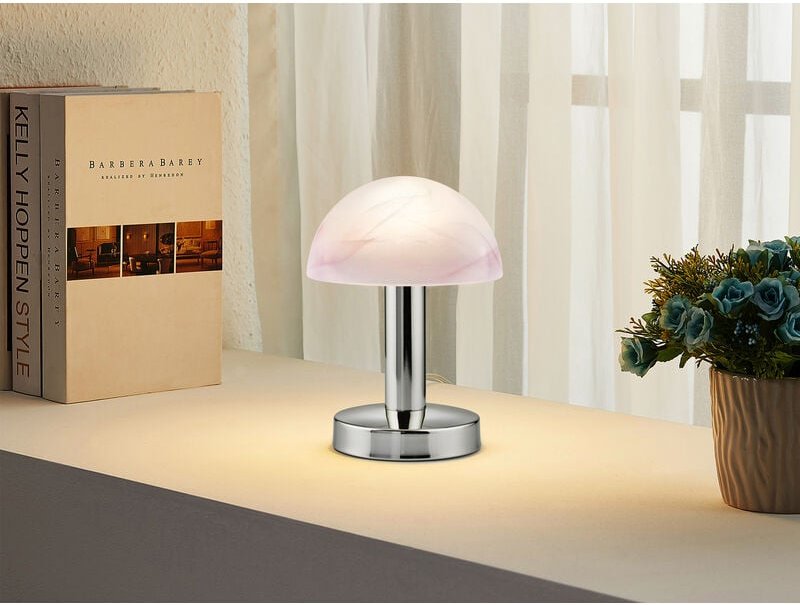Meinewunschleuchte - led Tischleuchte Chrom Glasschirm Lila-Weiß, Touch dimmbar, Höhe 21cm