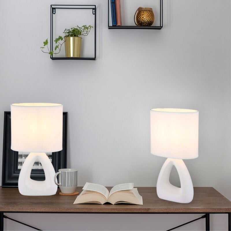 Tischleuchte Keramik weiß Nachttischleuchte Textilschirm Schlafzimmerlampe weiß, E14 Fassung, LxBxH 17x10x30 cm, 2er Set