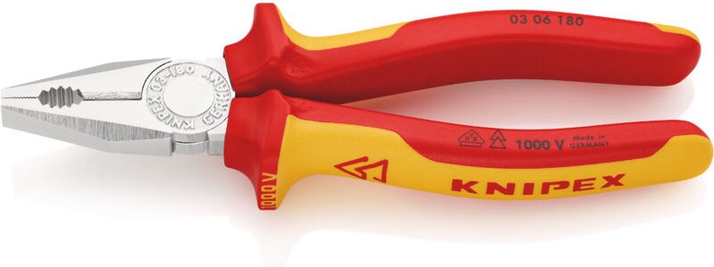 KNIPEX 03 06 180 Kombizange isoliert mit Mehrkomponenten-Hüllen, VDE-geprüft verchromt 180 mm