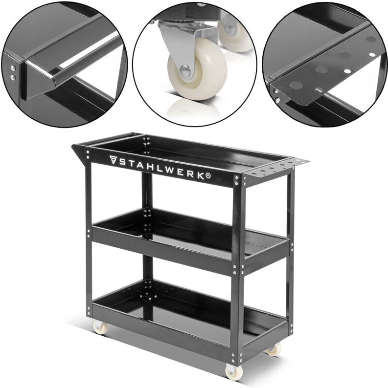 STAHLWERK Werkzeugwagen mit 200 kg Tragkraft mit 3 Ladeflächen und Lochleiste
