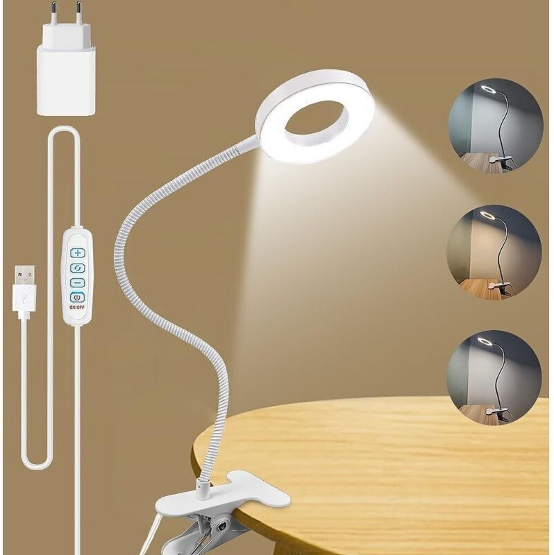 Schreibtischlampe mit 3 Beleuchtungsmodi und 10 Dimmstufen, Klemmleuchte zum Lesen und Arbeiten, mit USB-Ladegerät und u...