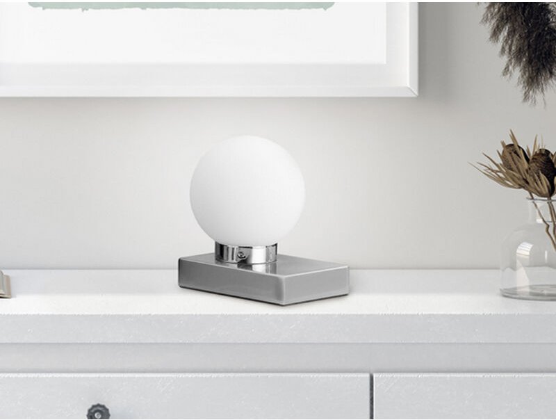Meinewunschleuchte - led Tischleuchte Glaskugel Weiß Sockel Silber - Touch dimmbar, Höhe 15cm