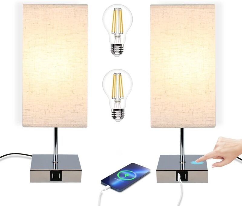 2er set Nachttischlampe Touch: Modern Dimmbar Tischlampe mit usb Anschlüsse Schlafzimmer Nachttisch Lampe mit Ladefunkti...