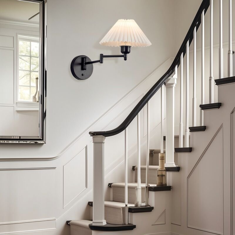 Wandleuchte Innen Wandlampe Vintage: E27 Retro Lampenschirm Wandbeleuchtung Schwenkbar 40W.MAX Weiß Stoff Wandlicht Flur...