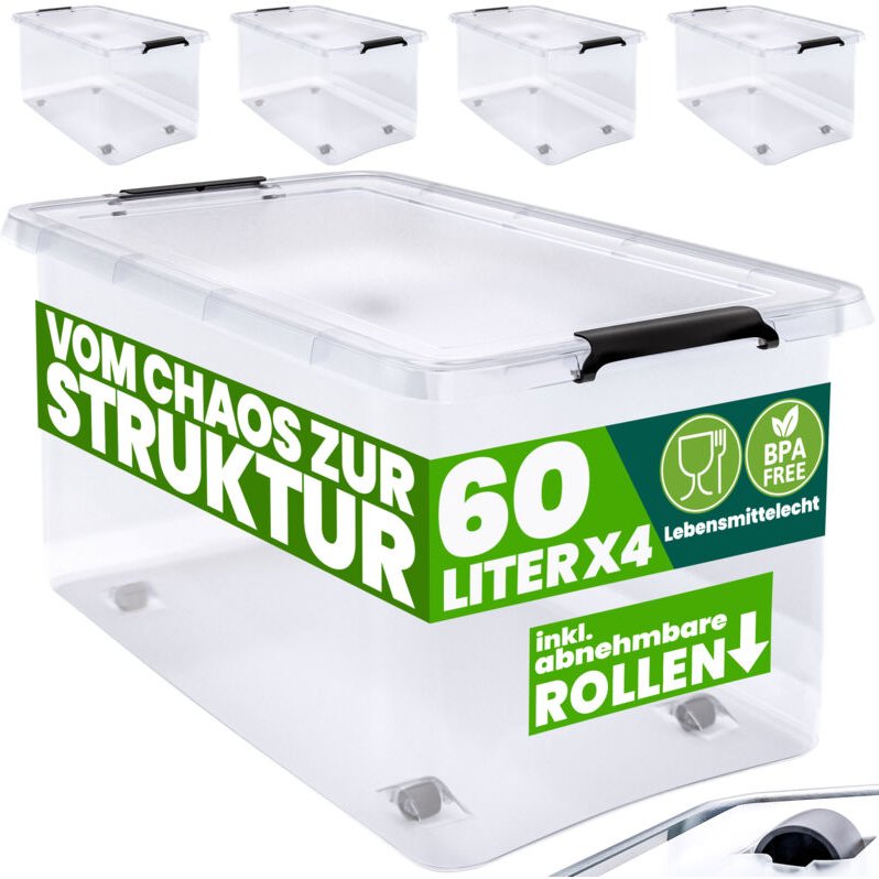 Aufbewahrungsbox transparent Stapelbox Ordnungsbox 30L 60L Deckel aufklappbar stapelbar Rollen bpa frei lebensmittelecht...