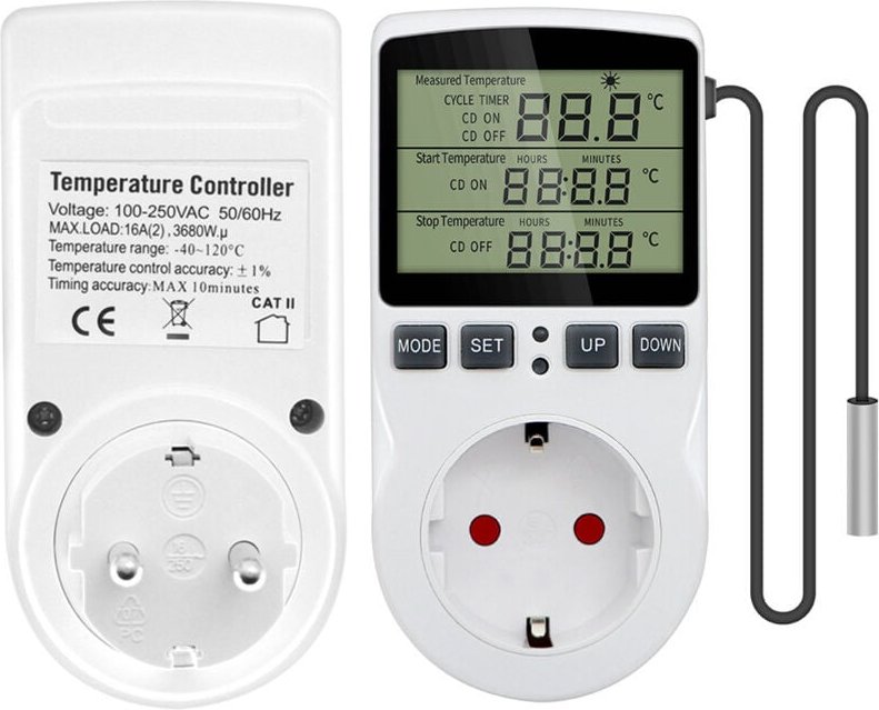Digitaler Thermostat Steckdosen-Temperaturregler 230V 16A, Heizen und Kühlen Reptilien-Thermostat-Timer EU-Stecker, für ...