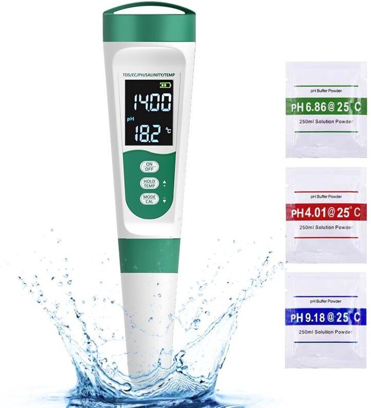 5-in-1 Wasserqualitätstester, hochpräzises pH-Meter (0-14), TDS, Leitfähigkeit, Salzgehalt, Temperatur, LED-Anzeige, was...