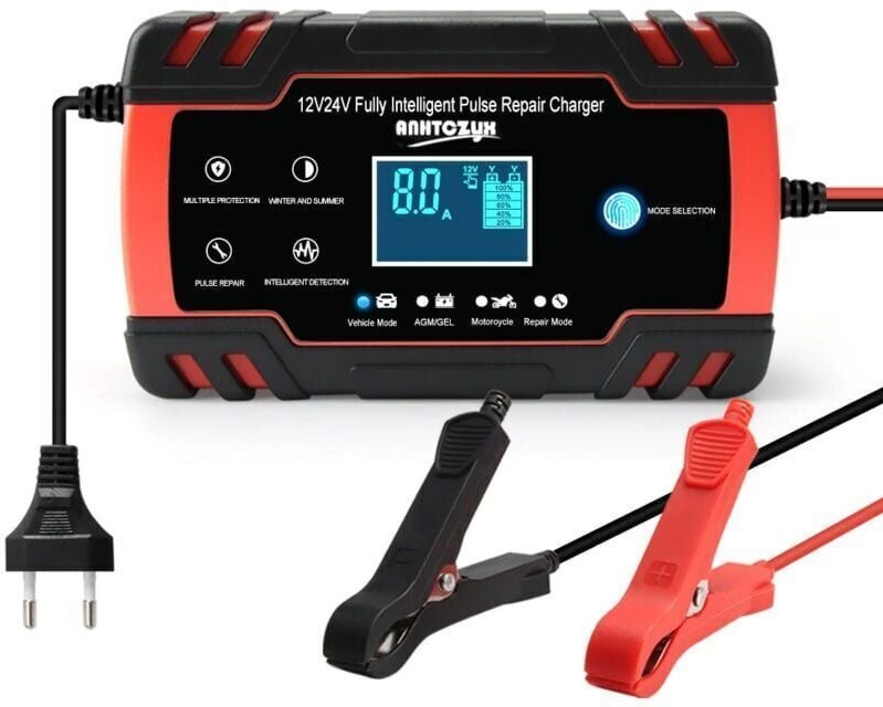 Odipie - 8A 12V/24V Autobatterieladegerät, tragbar mit LCD-Display, geeignet für Autos, Motorräder und LKWs (Schwarz, Ro...
