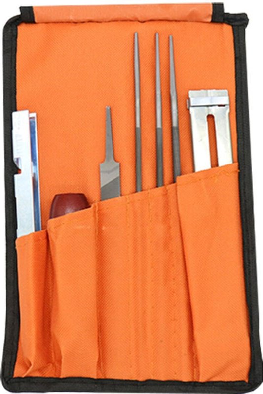 7-teiliger Kettensägenschärfer mit Rund- und Flachfeilen – Führung, Griff, Messgerät und Aufbewahrung