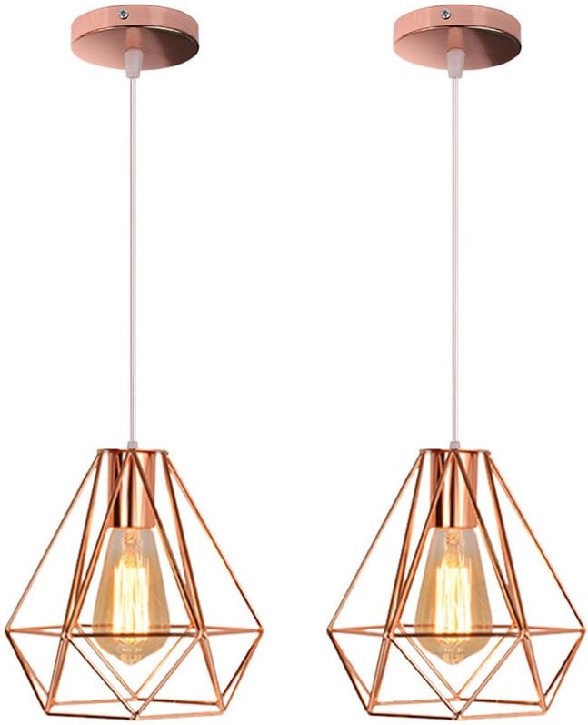 Pendelleuchte Vintage, Metall Kronleuchter im Retro Look, Diamant Hängelampe mit Ø20cm Käfig E27 Fassung Rosegold 2PCS