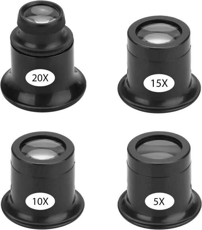 ZVD-Set mit 4 tragbaren Juwelierlupen, Uhrmacherlupen mit unterschiedlichen Vergrößerungen, 5x, 10x, 15x, 20x, Lupen zum...