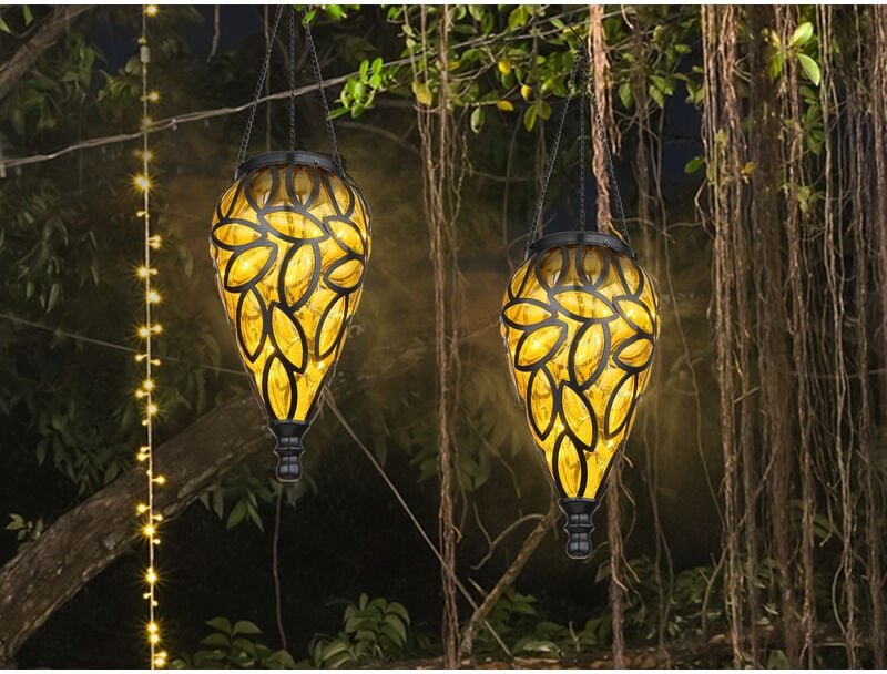 LED Solarlaternen Hängeleuchten 2er Set, Lampenschirm amber, Höhe 50cm