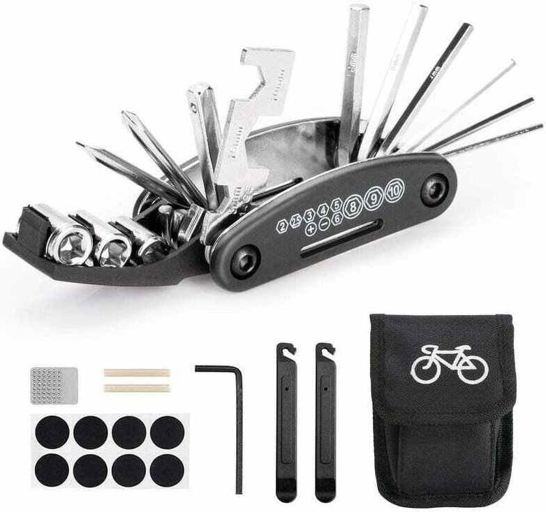Fahrrad-Multitool, tragbare 16-in-1-Fahrradwerkzeugtasche mit Kettenwerkzeug und Reifenflickenhebel, selbstklebendem Fah...