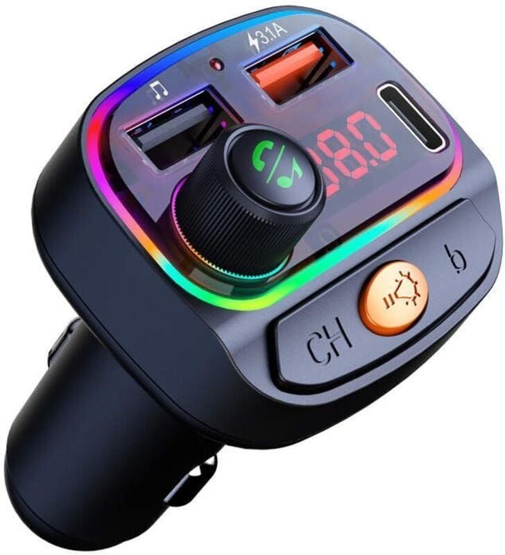 FM-Transmitter mit Umgebungslicht + Geräuschunterdrückung, Autoadapter, USB- und Typ-C-Anschluss, kabelloses Bluetooth 5...