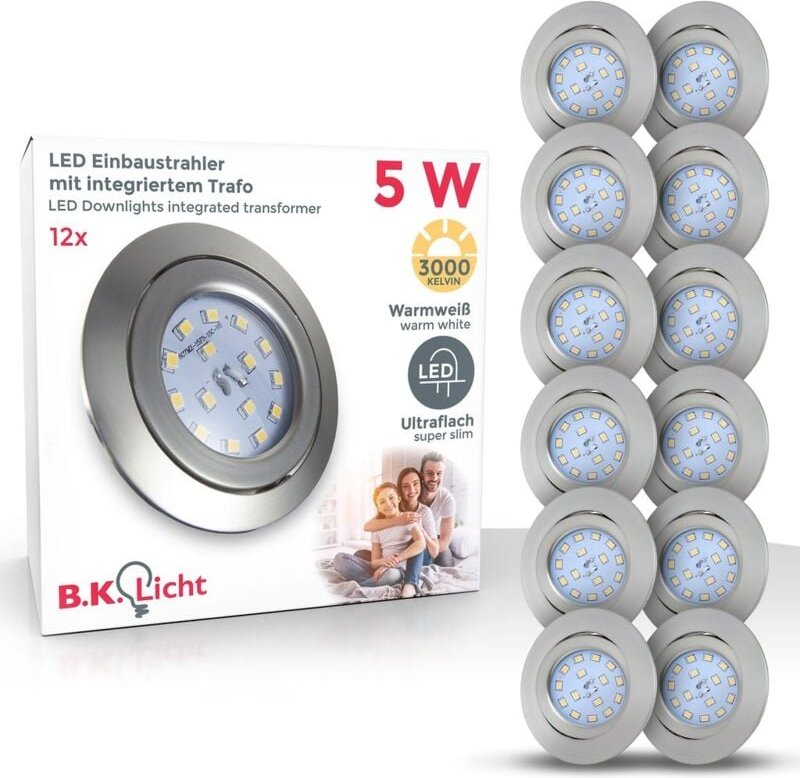 Thumbnail - B.k.licht - Einbauspot 12er Set 68mm Lochmaß - 230V, 4,8W, 400lm, led, warmweiß, matt-nickel