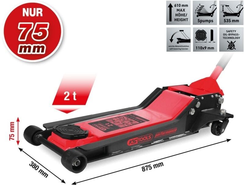 Thumbnail - Ks Tools - performance Hydraulischer Stahl-Wagenheber, 2000 kg, flach, Hubhöhe: 75-610 mm