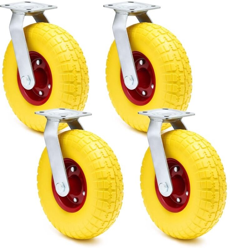 Wiltec Lenkrollen Set 4x Möbelrolle Ø258 bis 150kg pro Rad 78mm hoch mit Metallfelgen pannensicher gelb, leiser Lauf, Tr...