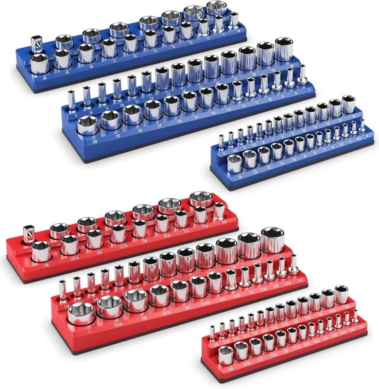 Thumbnail - Costway - 6 Stk. Steckschlüssel Halter magnetisch, 1/2-Zoll-, 3/8-Zoll- und 1/4-Zoll, Aufsteckschiene für Stecknüsse, St...