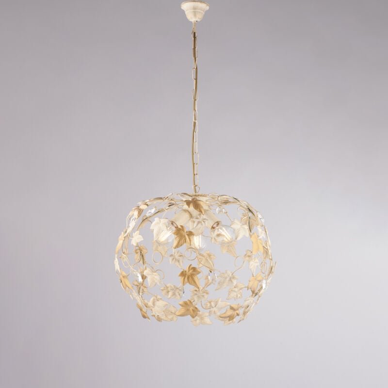 Edera – Kronleuchter aus elfenbeinfarben lackiertem Eisen mit antikem Golddekor und Kristall-Strasssteinen, 3 Lichter, 1...