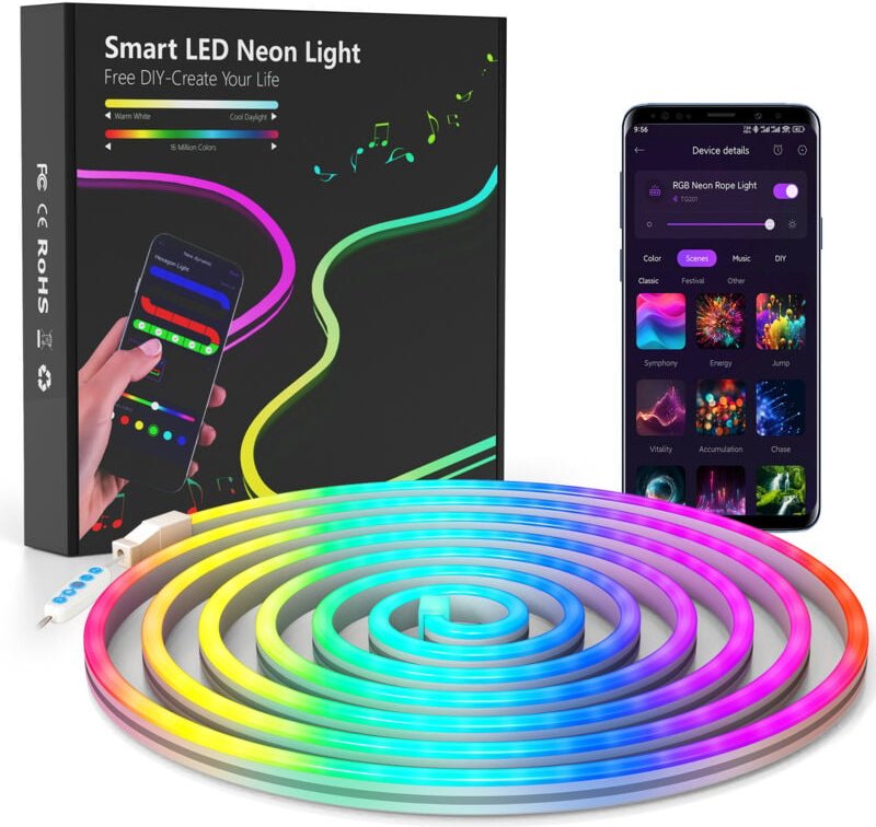 Neon-LED-Streifen 3 m RGB mit APP-Steuerung, Farbwechsel, segmentierbar, Musiksynchronisation – Lichtstreifen für die In...