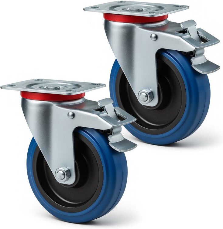 Wiltec - Lenkrollen Set 2x Transportrolle Ø125mm bis 200kg pro Rad mit Kunststoffrad, Bremse und Anbauplatte, leiser Lau...