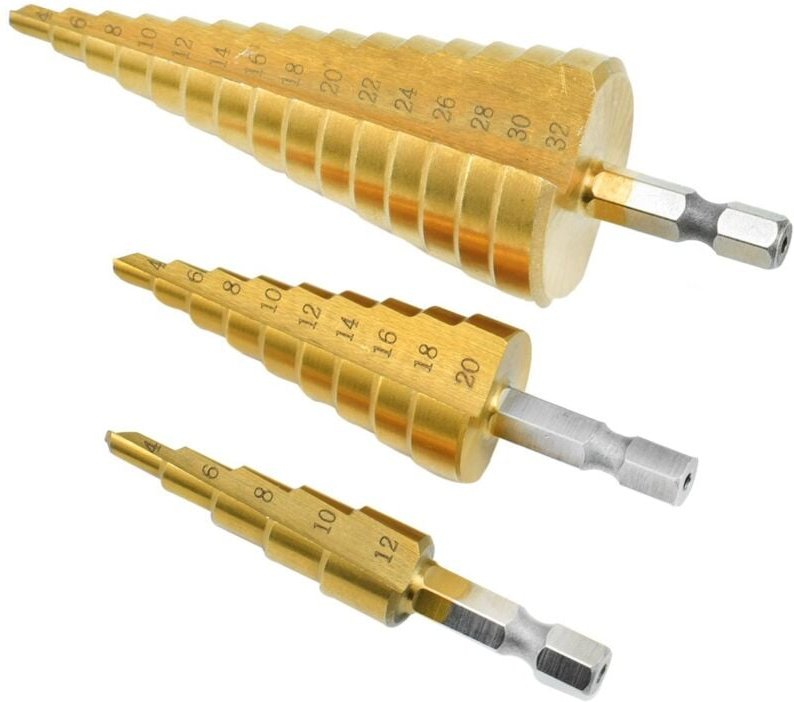 Ersandy - 3 Stück HSS-Hochgeschwindigkeitsstahl-Senker-Stufenbohrer, 4–12/20/32 mm, Sechskantschaft, Titan