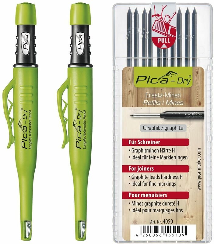 Pica Dry Set - 2x Pica Stift automatisch mit 10x Pica Dry Minen h Graphit, unerlässlich für Hand- und Heimwerker, 3-teil...