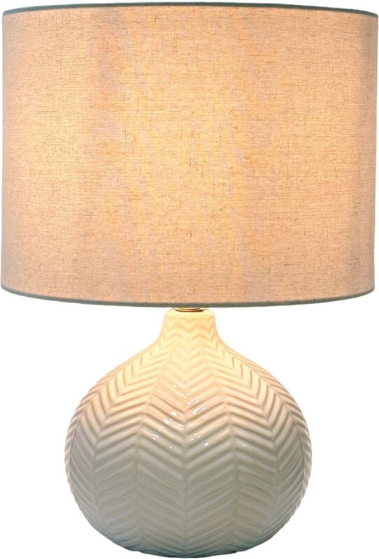 Relaxdays Tischlampe, Fischgräten-Muster, Keramikfuß, Stoffschirm, E27, HxD: 42 x 30 cm, Nachttischlampe mit Kabel, weiß